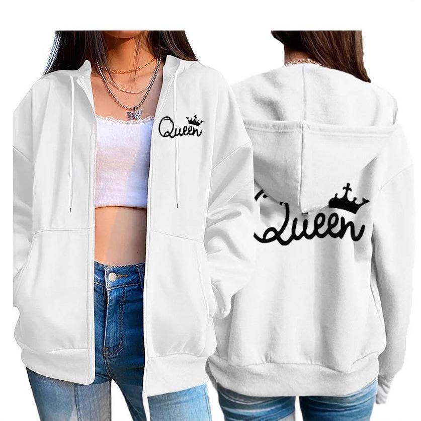 Felpa con Cappuccio e Tasca con Zip da Donna con Stampa Corona di Regina e Giacca Baseball.