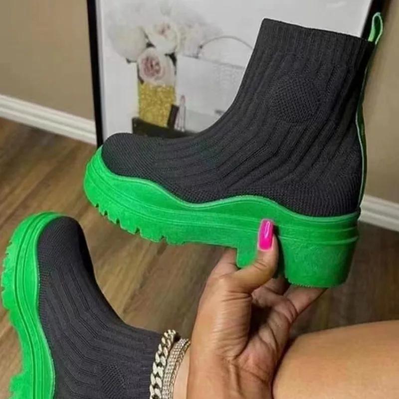 

Большие размеры Женская обувь Ботильоны женские Ботильоны на платформе Эластичные ботинки женские Круглый носок Слипоны на среднем каблуке Трикотажные туфли женские 35 зелёный