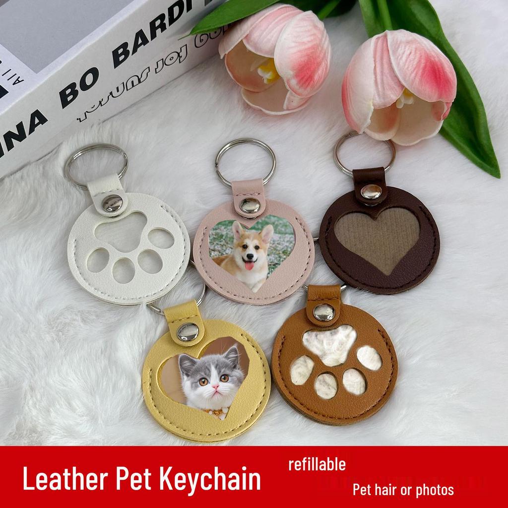 Leather Memorial Keychain & Case for Pet Hair - Photo Pendant Charm for Cats & Dogs
