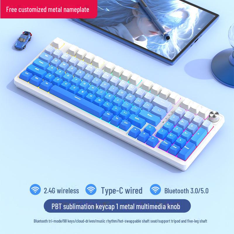 Tastatură mecanică de gaming wireless Bluetooth tri-mode cu 98 de taste și comutatoare personalizabile (Albastru, Negru, Ceai, Roșu) și design cu înlocuire la cald.