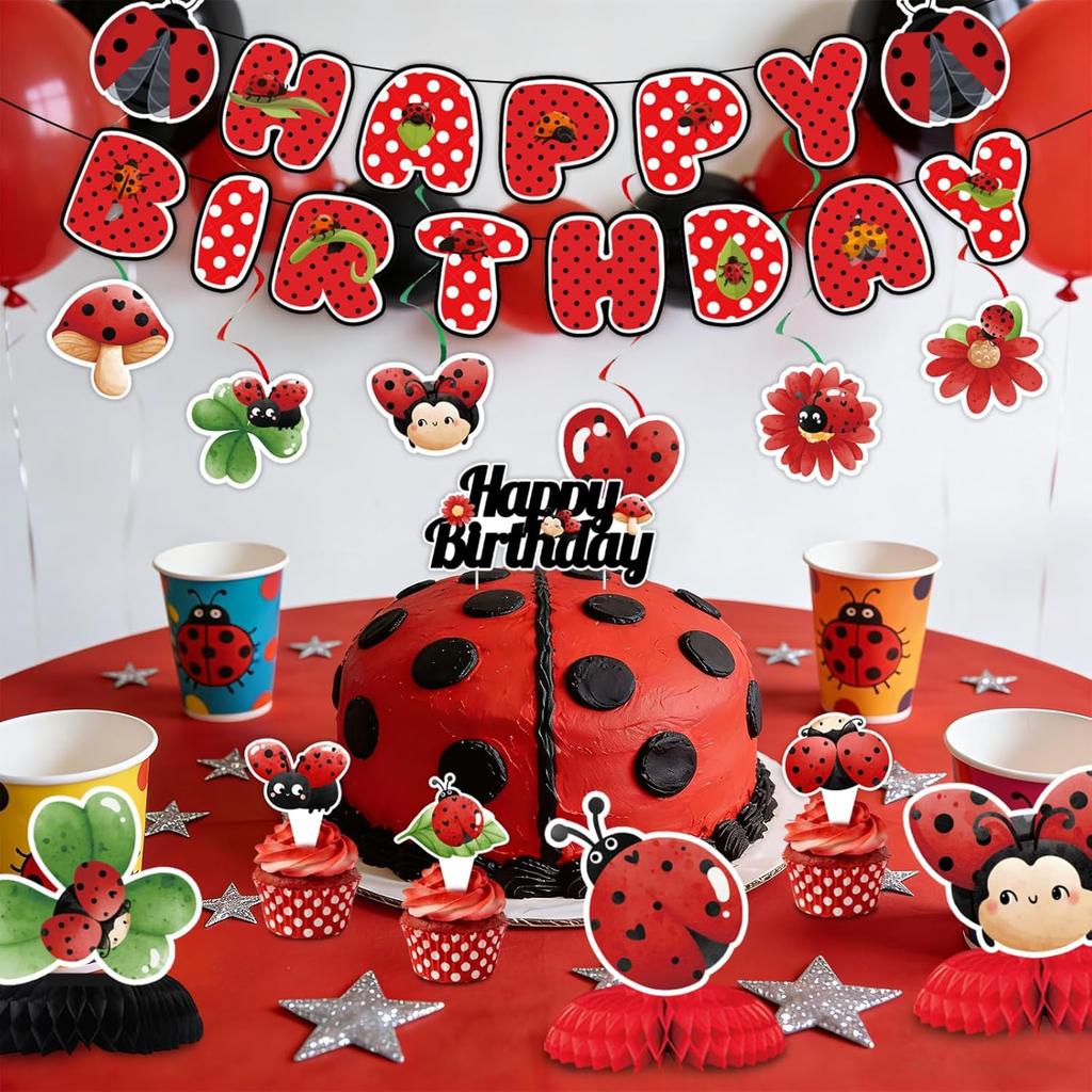 Cute Ladybug Theme Happy Birthday Party Decor Banner Cupcake Toppers Hanging Swirls Red Black Polka Dot Baby Shower Supplies