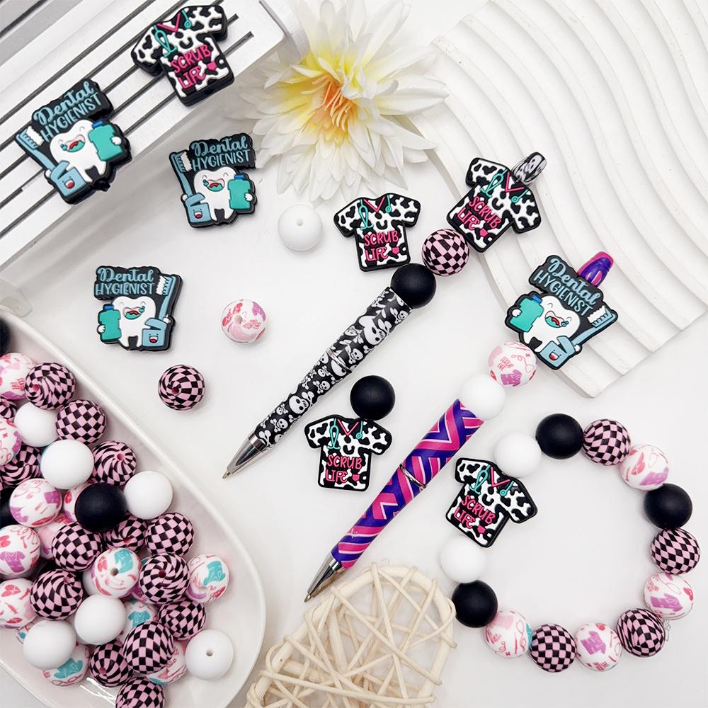 34Pcs Dental Care Theme Silicone Beads Set DIY Beaded Necklace Bracelet Decoration Pen Jewelry Pendant Etc. Holiday Birthday Gift