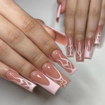 24 sztuk/zestaw szybkie paznokcie różowy francuski płomień serce fałszywe Nials naklejki poręczny wodoodporny Manicure wykończone paznokcie