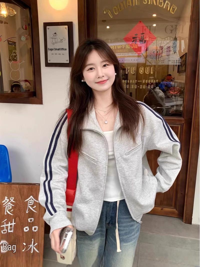 

Women s Petite Short Korean-Style Grey Baseball Jacket for Autumn M