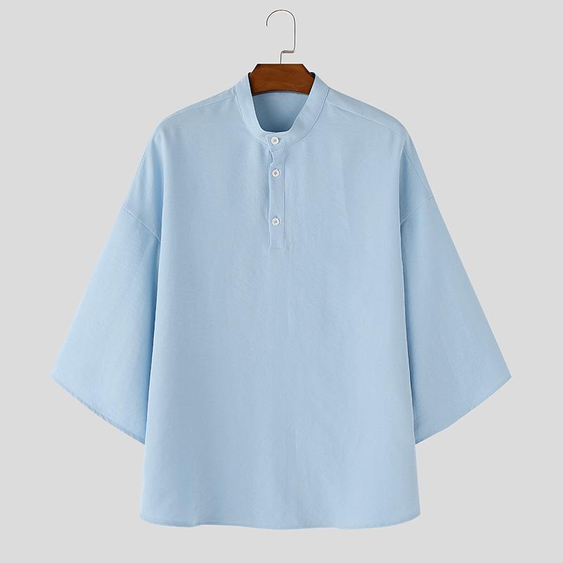

INCERUN Oversized Men Stand Neck 3/4 Sleeve Button Up Casual Shirts Tops 5XL синій