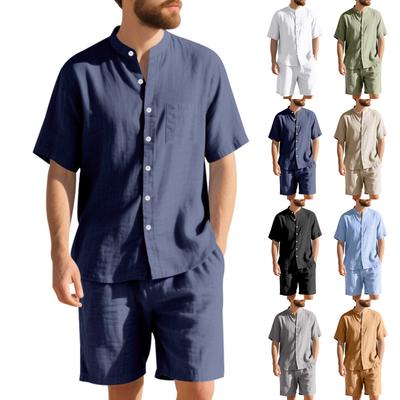 Men's Linen Suit, Loose Pocket Button Short-sleeved Shirt And Elastic Waist Breathable Shorts, Hawaii Vacation Men's Two-piece Set