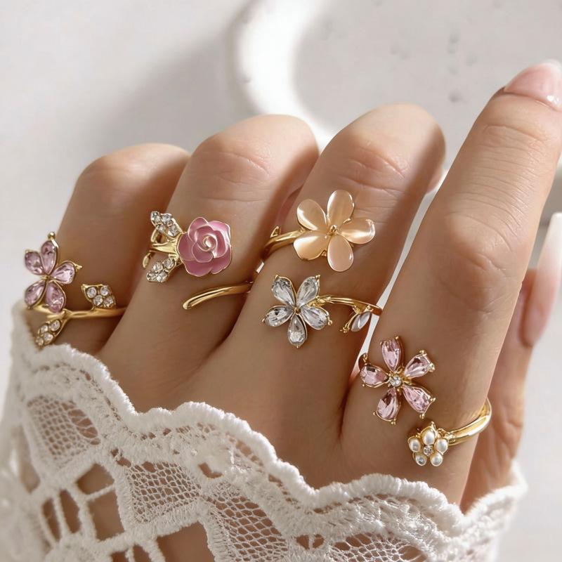 Pink Flower Adjustable Open Ring - European & American Style, Stackable Women s Jewelry