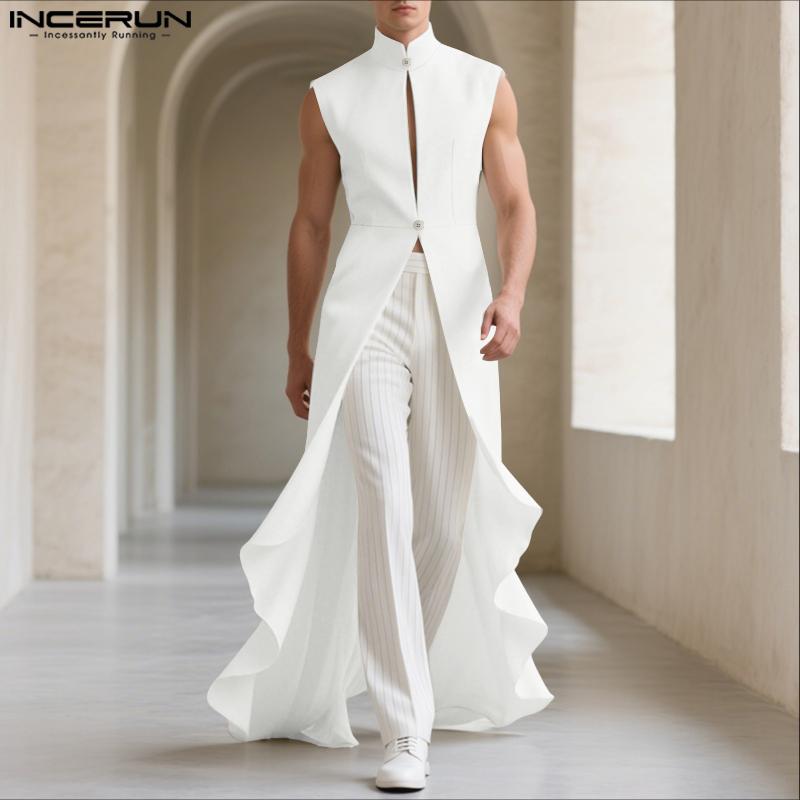 INCERUN Men Sleeveless Button Cutout Irregular Ruffled Long Vest Cardigan Waistcoats