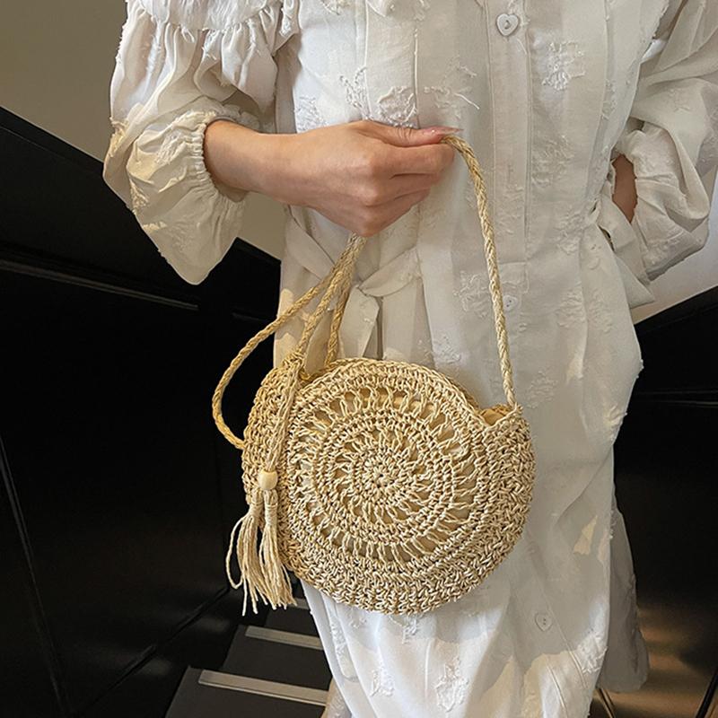 Women Hollow Straw Bag Circle Rattan Bag Round Soft Paper Rope Shoulder MessengerBag Tassel Summer Beach Handmade Crossbody Bags