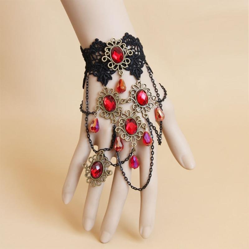 Vintage Spitzenarmbänder Schwarze Spitze Gothic-Armbänder Spitzen-Handschmuck für Damen und Mädchen Kristall Cosplays Anhänger Schmuck