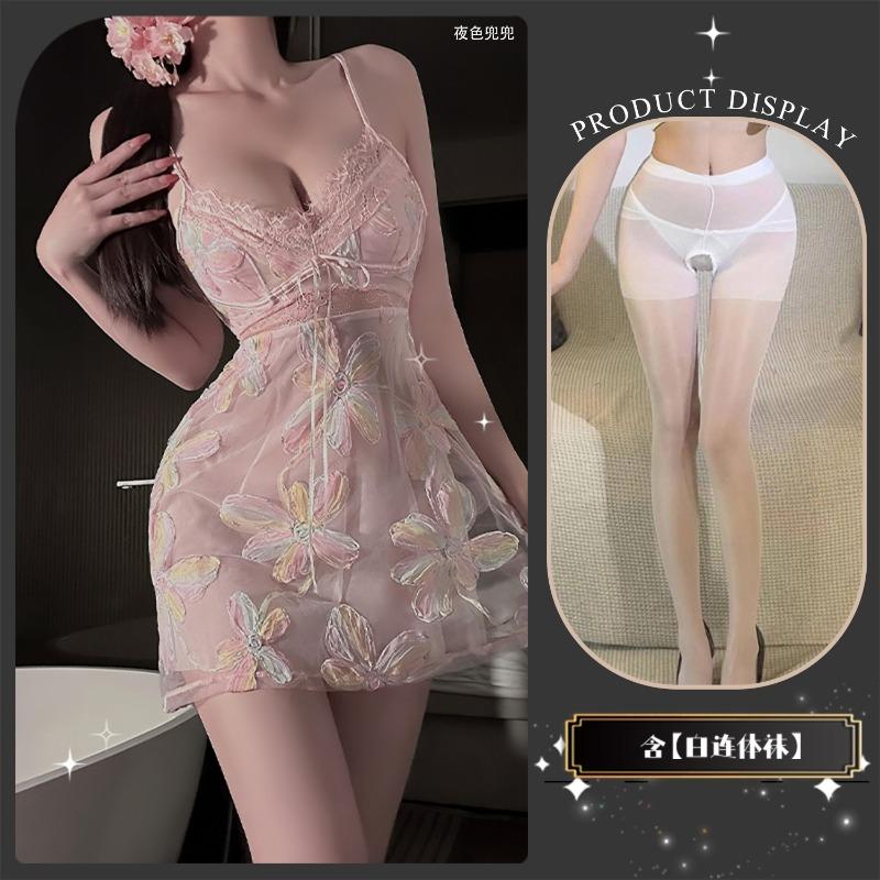 Sex Underwear Women's Lace Embroidery Embossed Flower Short Skirt Set Pure Sleeping Belt Panties Dress