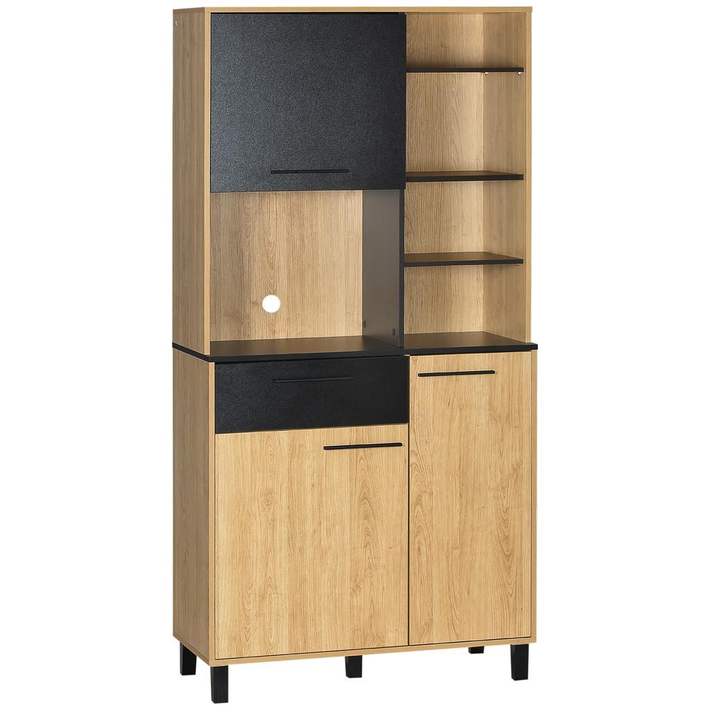 Meuble de cuisine multi-rangement avec tiroir, 3 portes, 4 niches et passe-câbles, hauteur 180 cm, noir et bois naturel