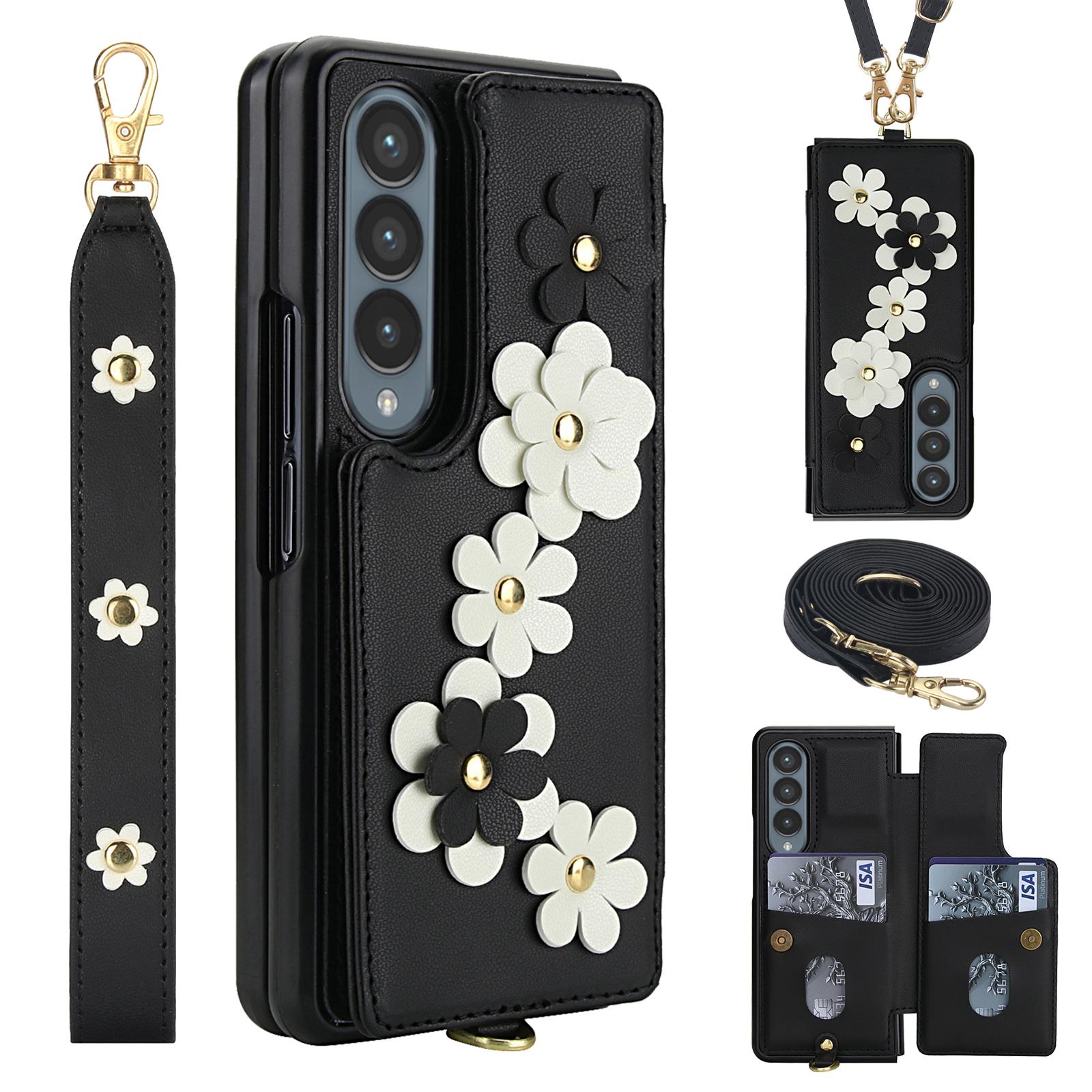 

For Samsung Galaxy Z Fold4 5G Case Card Slots Leather Coated TPU Flower Phone Cover with 2 Straps Black