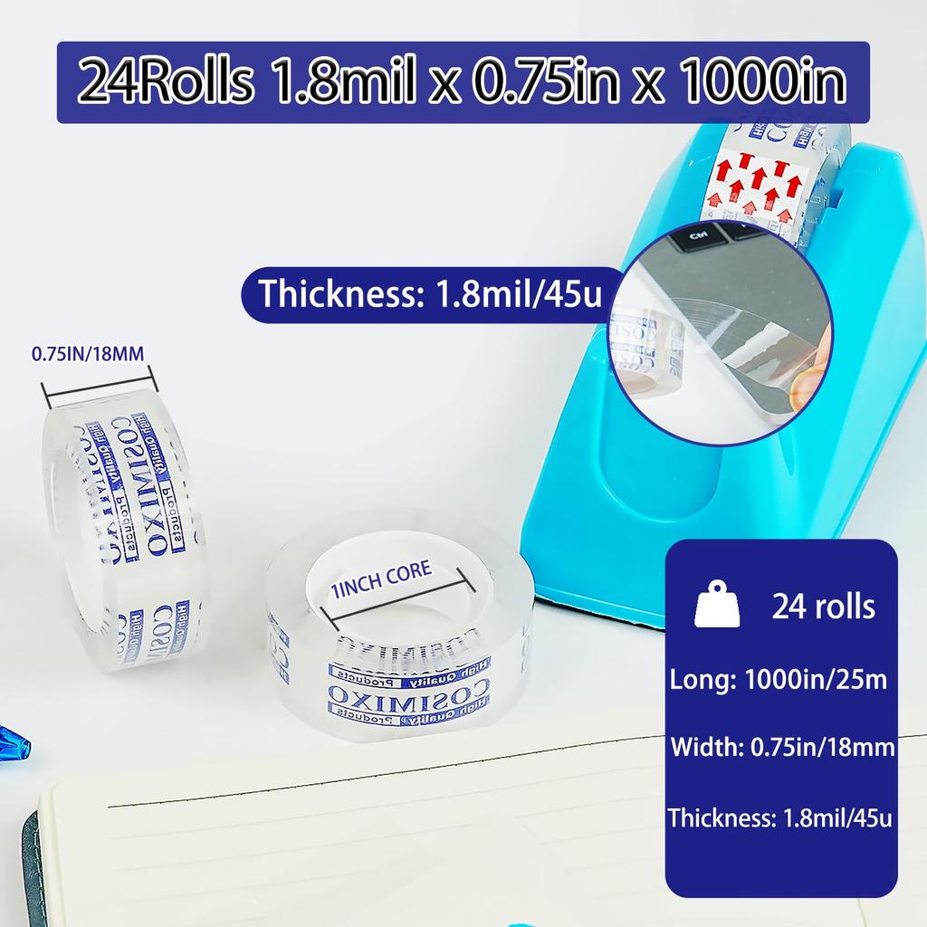 COSIMIXO Spender 24 Rollen Kristallklar x x Großpackung Transparentes Büro-Schreibwarenband für Zuhause und Bastelräume zum Geschenkverpacken Nachfüllungen, Klebeband, 3/4"