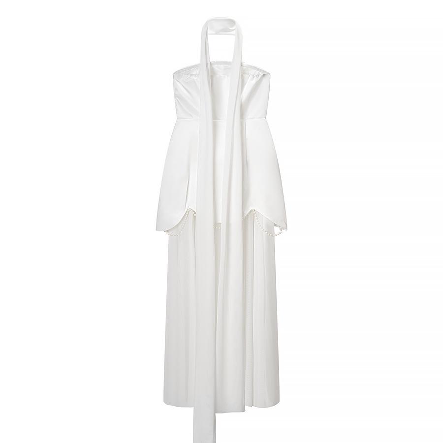 Women's Mesh Patchwork Strapless Evening Gown with Ribbon - European and American Style