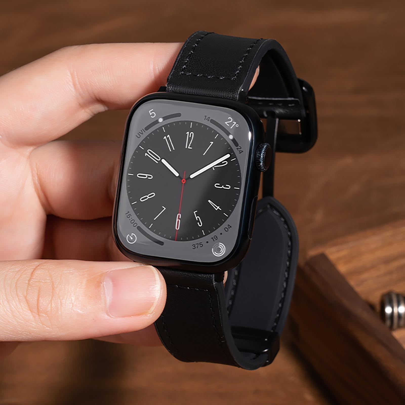 

Ремешок из натуральной кожи, совместимый с Apple Watch 49 мм 45 мм 44 мм 41 мм 40 мм, силиконовый магнитный ремешок для iWatch 9 8 7 6 5 SE Ultra 38mm 40mm 41mm чёрный