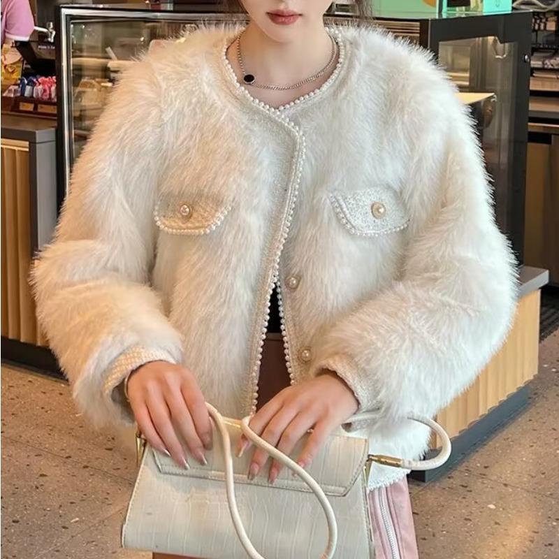 French High-end Coat for Women In Autumn and Winter, New Style, Loose Round Neck, Thickened Imitation Fox Fur Cardigan Top, Trendy