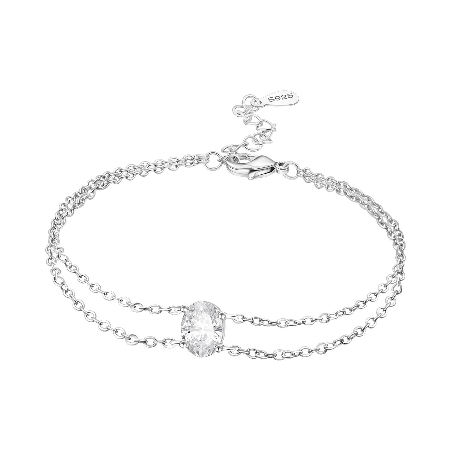 

S925 Silver Elliptical Zzircon Double Layered Bracelet Chain Link Women Jewelry Party Trendy Anniversary Gifts