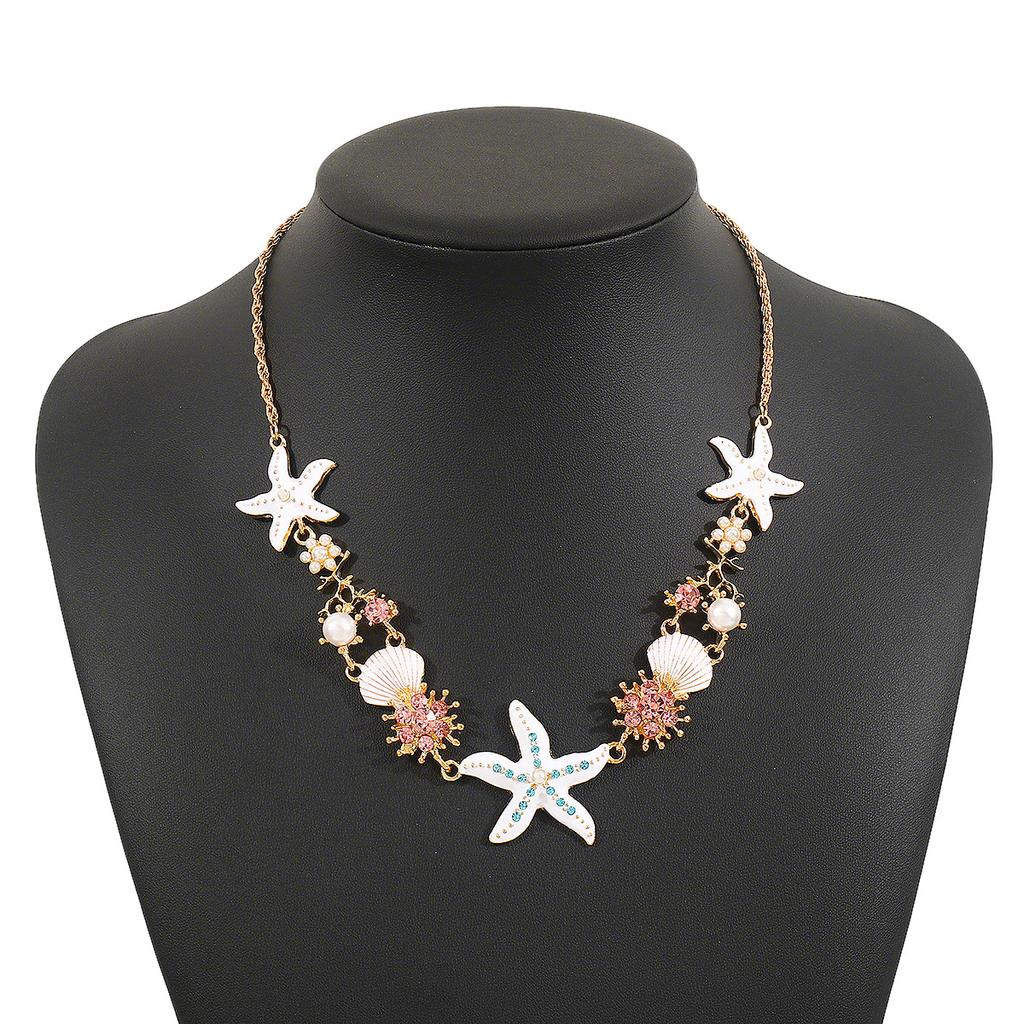 Summer Bohemian Wind Oil Drip Starfish Shell Necklace Beach Vacation Wind Diamond Pearl Collarbone Chain