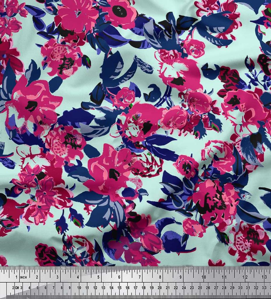 Soimoi Blue Poly Crepe Fabric Artistic Leaf & Floral Fabric Prints By Metre 42 Inch