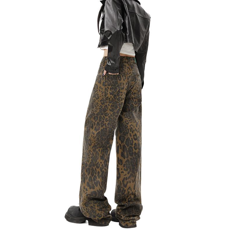 Street Leopard Print Jeans Men's American High Street Niche Design Loose Straight Trousers
