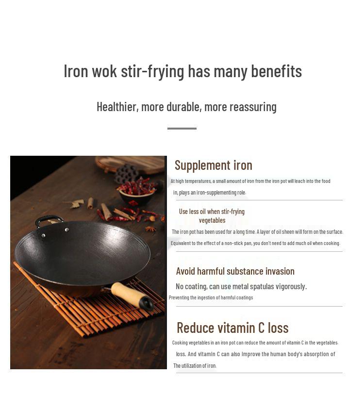 Vintage Uncoated Cast Iron Flat-Bottom Non-Stick Wok, Compatible with Induction & Gas Stoves, Ideal for Rural Household Stir-Fry.