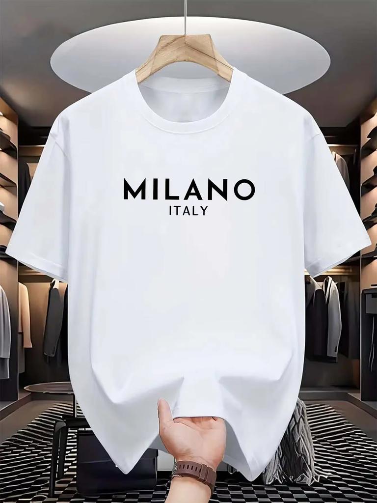 Summer Men's 100% Pure Cotton Casual Loose and Fashionable MILANO ITALY Letter Printed Round Neck Short Sleeved T-shirt Top