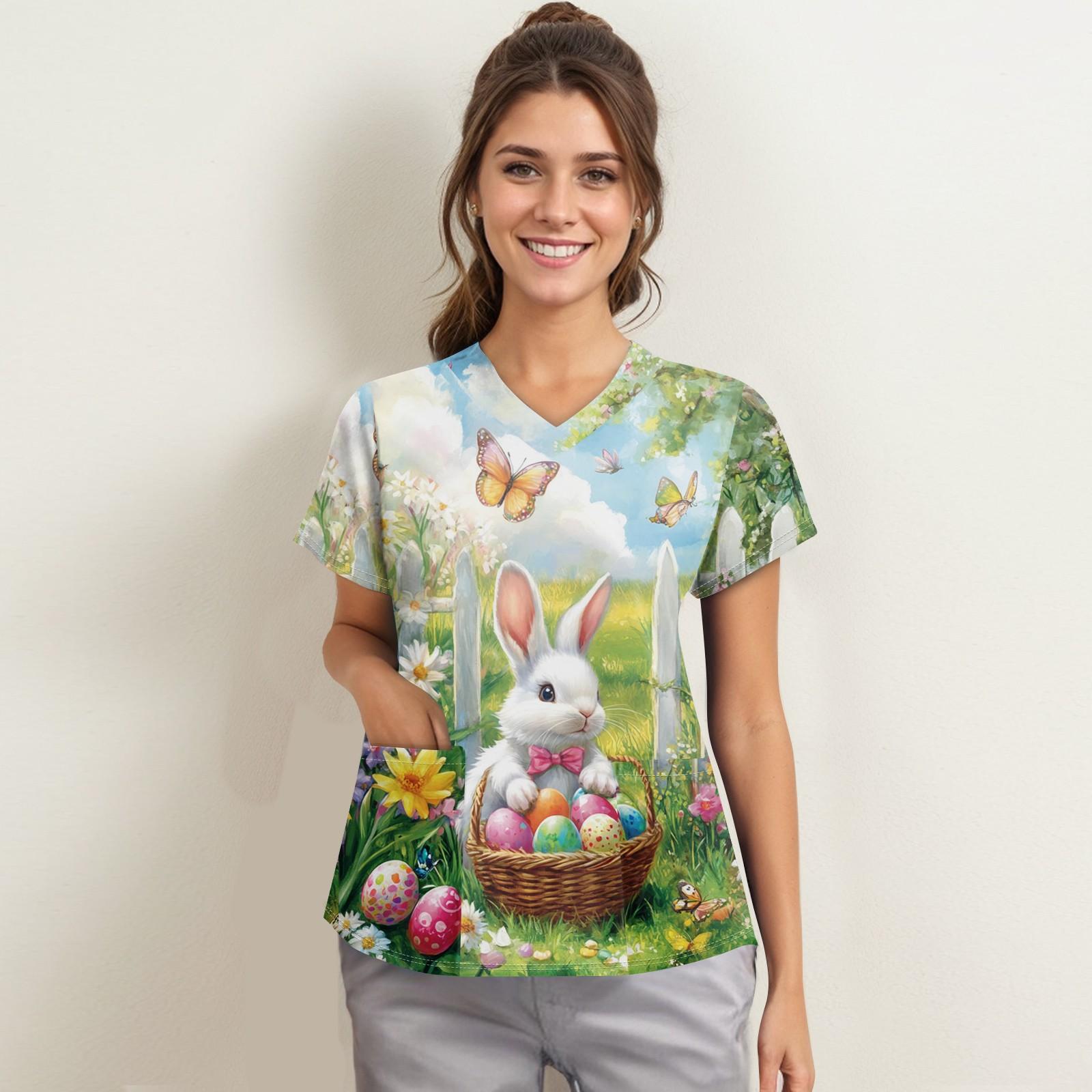 

Жіночий модний робочий одяг з V-подібним вирізом і короткими рукавами з принтованими кишенями XL