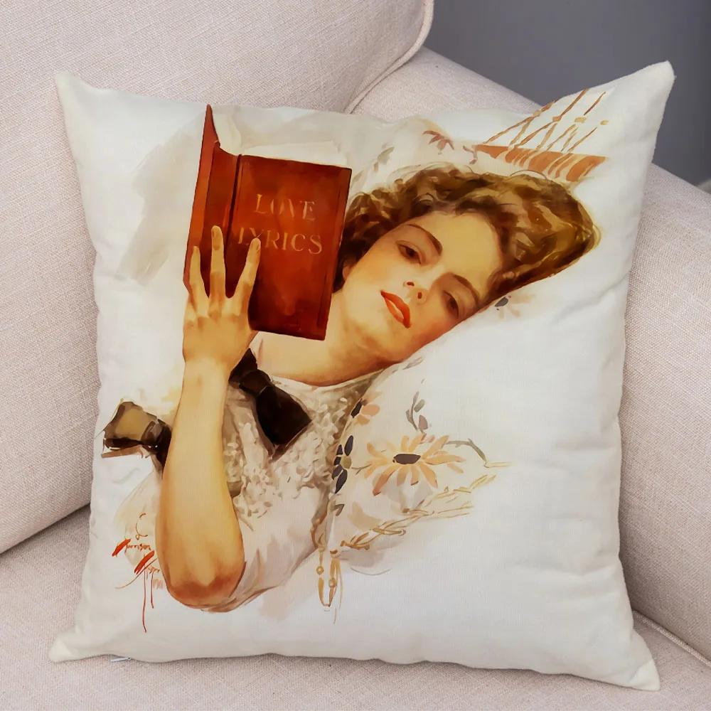 European Lady Cushion Cover Decor Vintage Style Elegant Women Print Pillowcase for Sofa Home Car Soft Plush Pillow Case 45x45cm