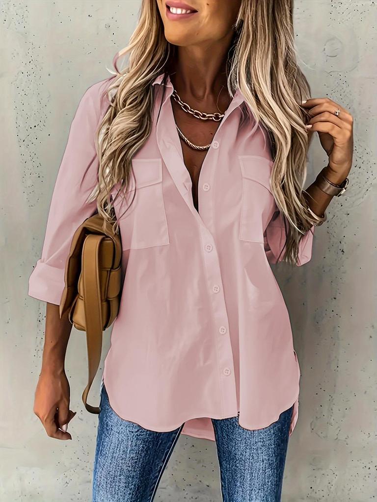Summer Button Front Long Sleeve Shirt Casual Solid Office Shirt With Collar Loose Shirt White Tops Office Lady Blouses