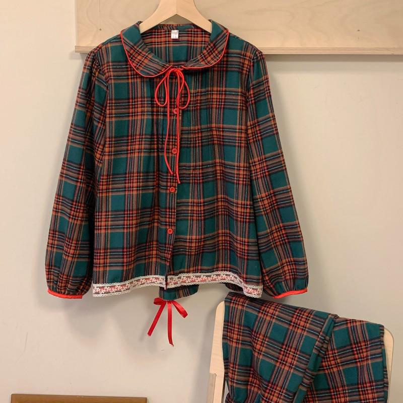 Корейський картатий різдвяний піжамний комплект для дівчаток - комірець Пітера Пена, довгий рукав та штани, осінньо-зимовий домашній одяг