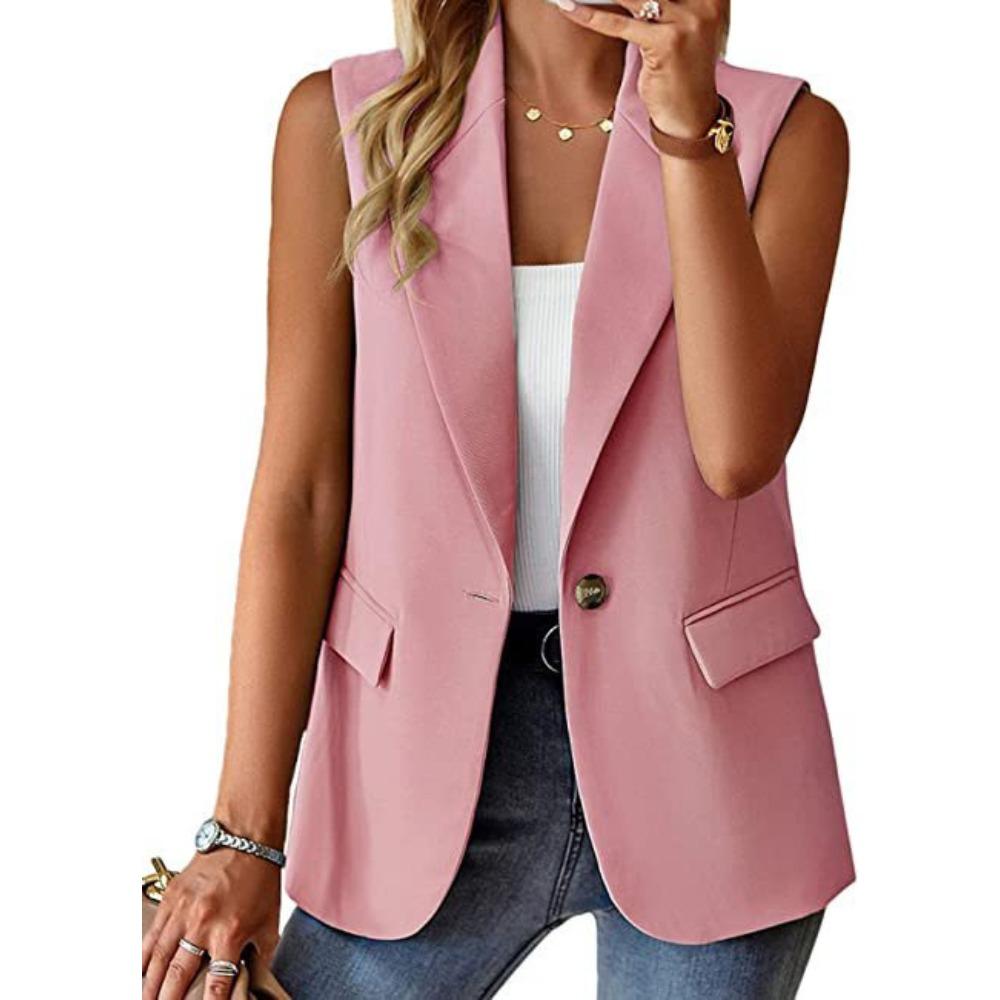 Damen Blazer Ärmellos mit Revers Kragen Schmale Passform Elegant Polyester Weste Ein Knopf Einfarbig Büro Oberteil