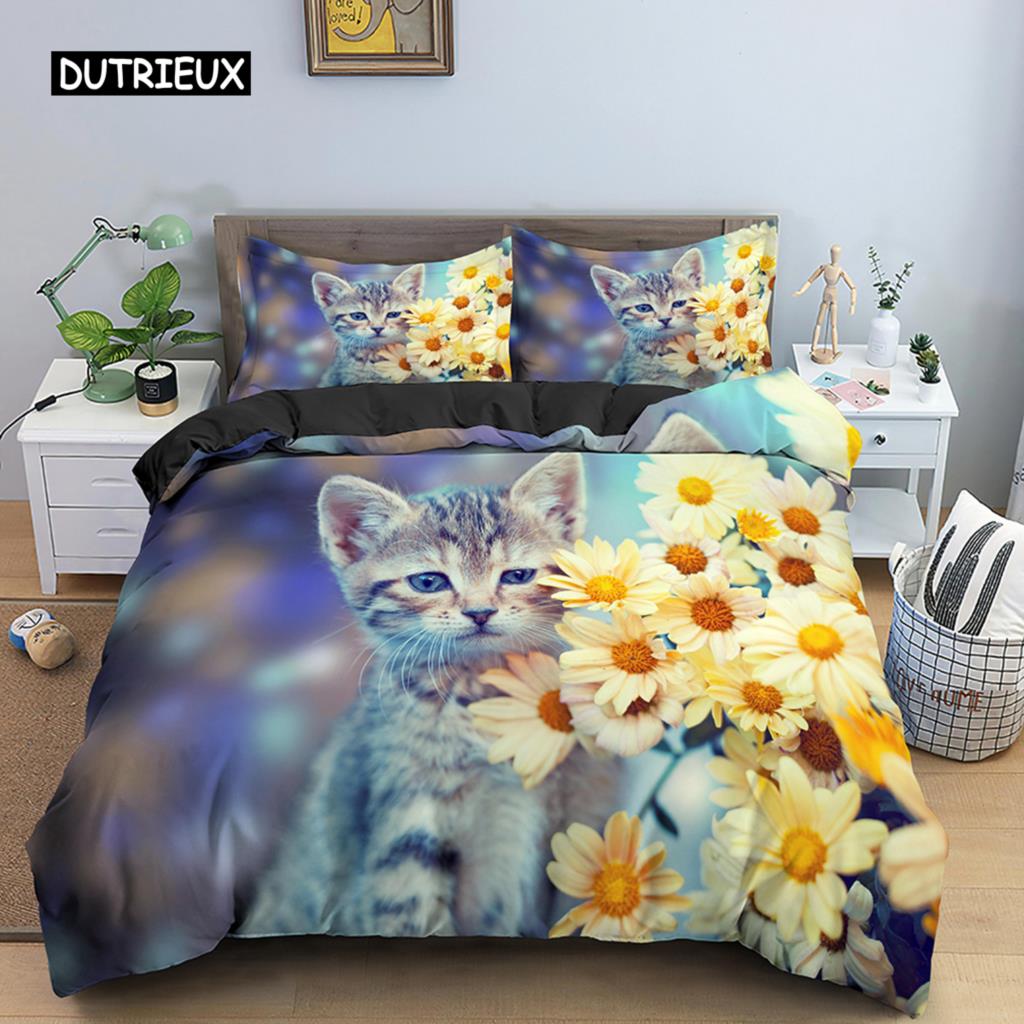 Cat Flowers King Queen Duvet Cover 3D Pet Kitty Floral Bedding Set Teens Adult Yellow Chrysanthemum 2/3pcs Polyester Quilt Cover