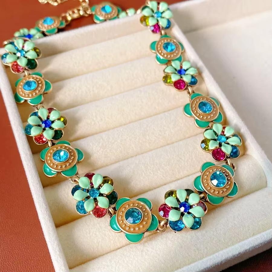 Vintage Enamel Floral Necklace Earrings Bracelet Set Retro Luxury Court Style Jewelry