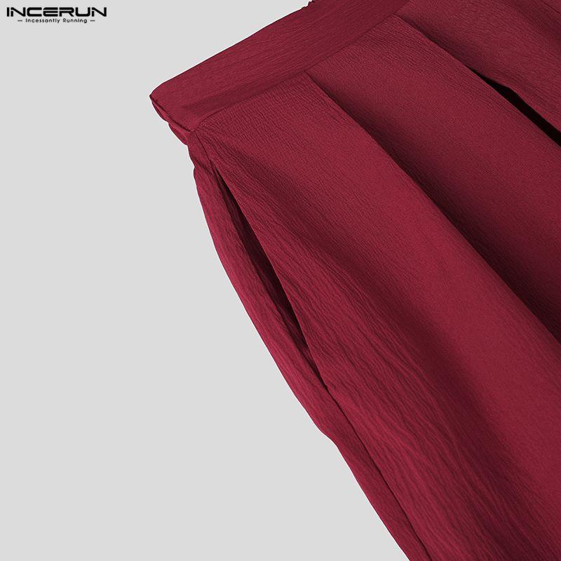 INCERUN Men Casual Elastic High Waist Long Wide Legs Pants Culottes Trousers