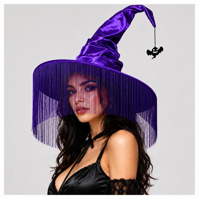 Halloween Witch Hat Black Purple Long Tassel Wide Brim Pointed Cap Costume Party