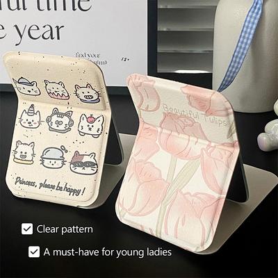 Desktop Makeup Mirror Solid Color Pu Leather Simple Portable Handheld Makeup Mirror Foldable Student Compact Cute Pocket Mirror