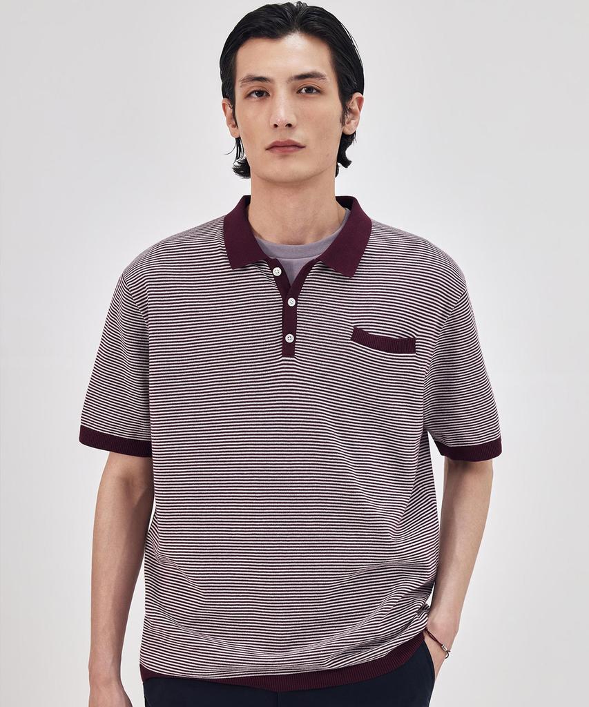 THEKNITCOMPANY Orea Striped Polo Shirt - Shira Burgundy