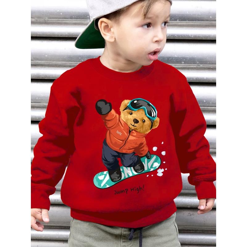 European Size Boys' Autumn Winter Fashion Fleece Round Neck Fuzz Sweatshirt JUMP HIGH! Skateboarding Little Bear Cartoon Pattern Print