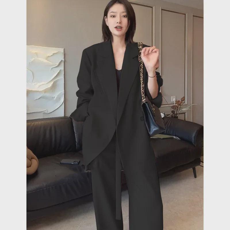 Jarní nadměrná velikost dámského obleku v korejském stylu: Sada středně dlouhé bundy a širokých kalhot