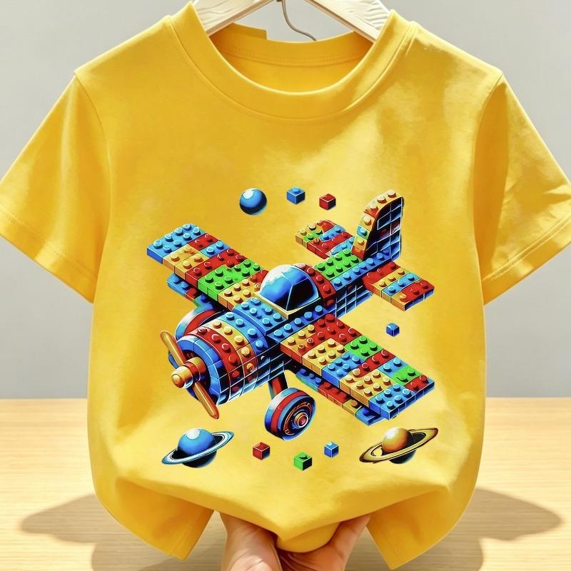 Kids Summer Crew Neck Short Sleeve T-Shirt with Colorful Building Block Airplane Print