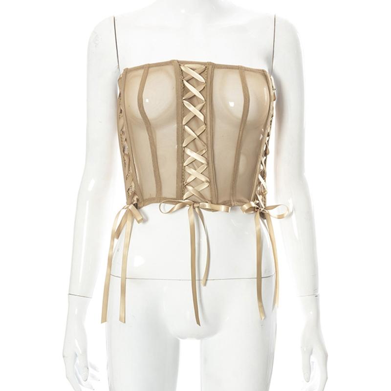 Vest Tops For Women Sexy See Through Bustier Corset Strapless Crop Tops Boned Corset Sexy Tube Top Perspective Style