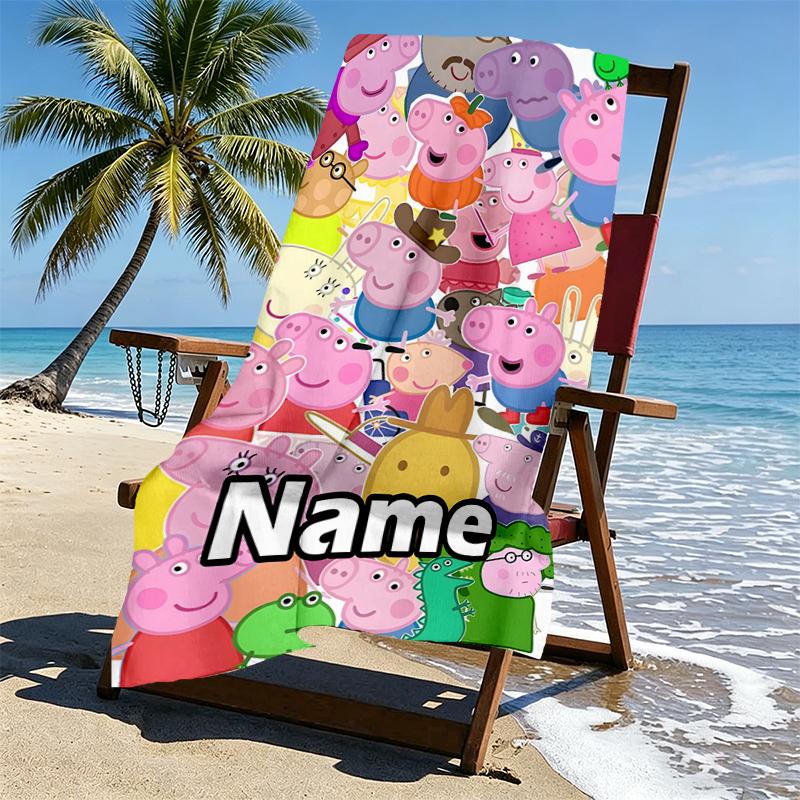 Custom Name Personalized Pink Pig Print Beach Towel, for Trip Camping Beach Party Home Decor, Birthday Gift for Family & Friends
