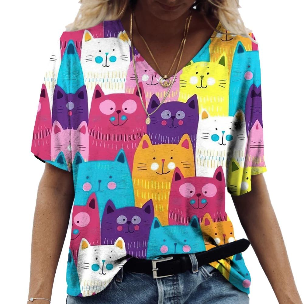 Camiseta de Mujer Gatito Anime Pintura Estampado Chica Ropa Blusa Cuello en V Harajuku Jersey Tops Verano Oversize Manga Corta Camisetas