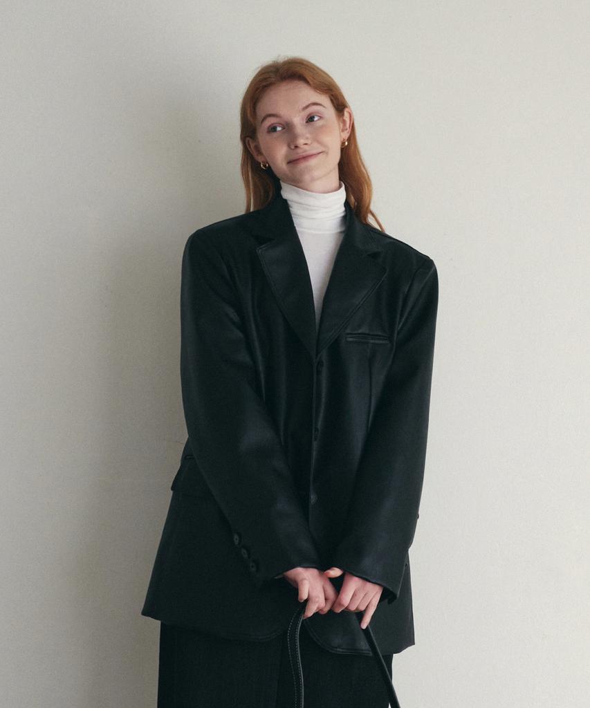 Loeil Oversized Single Leather Jacket - Black