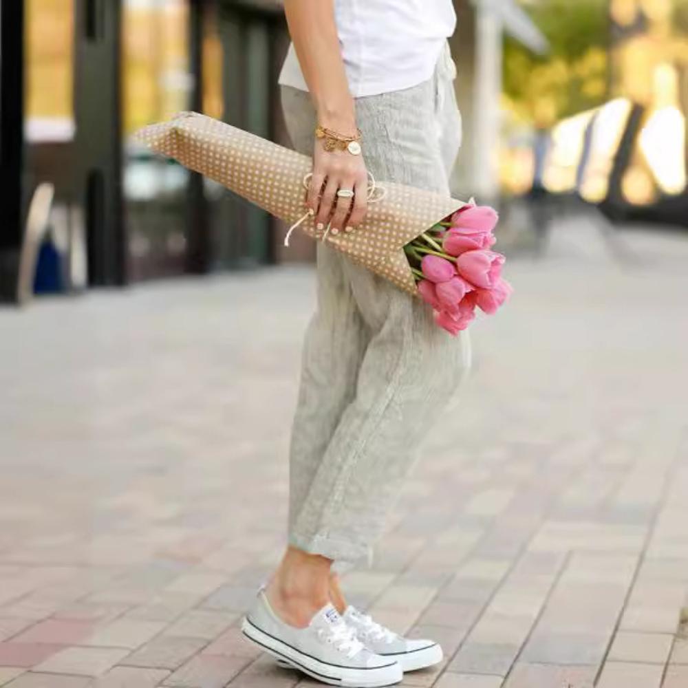 Fashion Solid Color Loose Pants Casual Drawstring Elastic Waist Trousers Cotton and Linen Jogger Pants for Womens