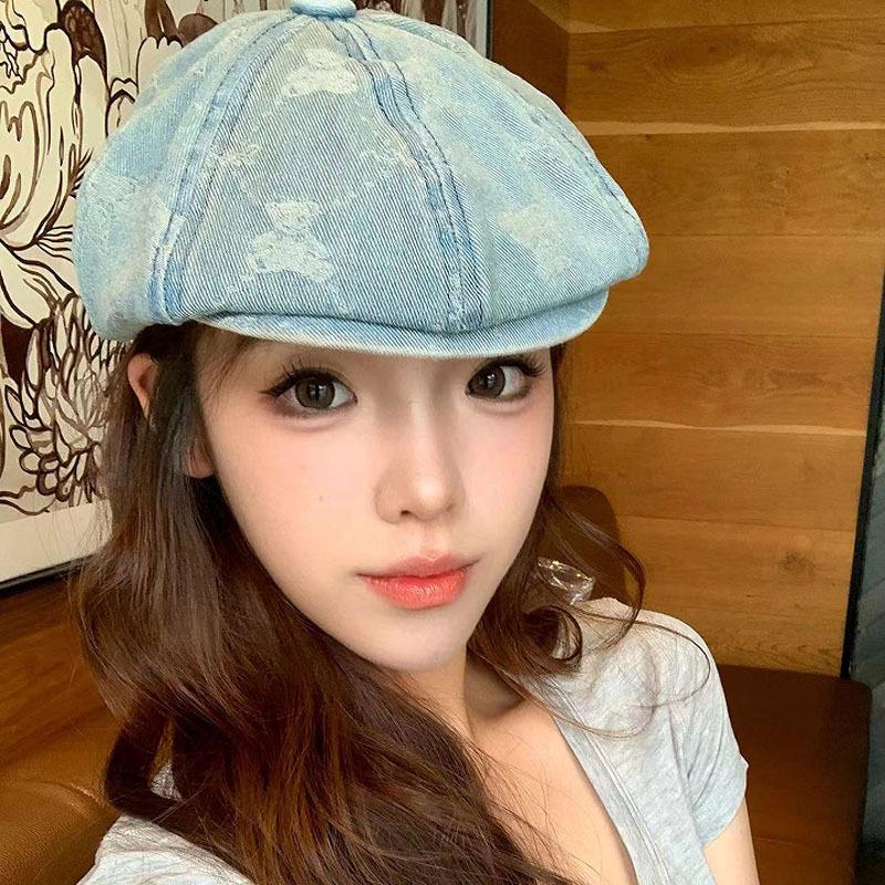 Washed retro bear cowboy beret women's spring and autumn versatile octagonal hat big head circumference showing face small hat