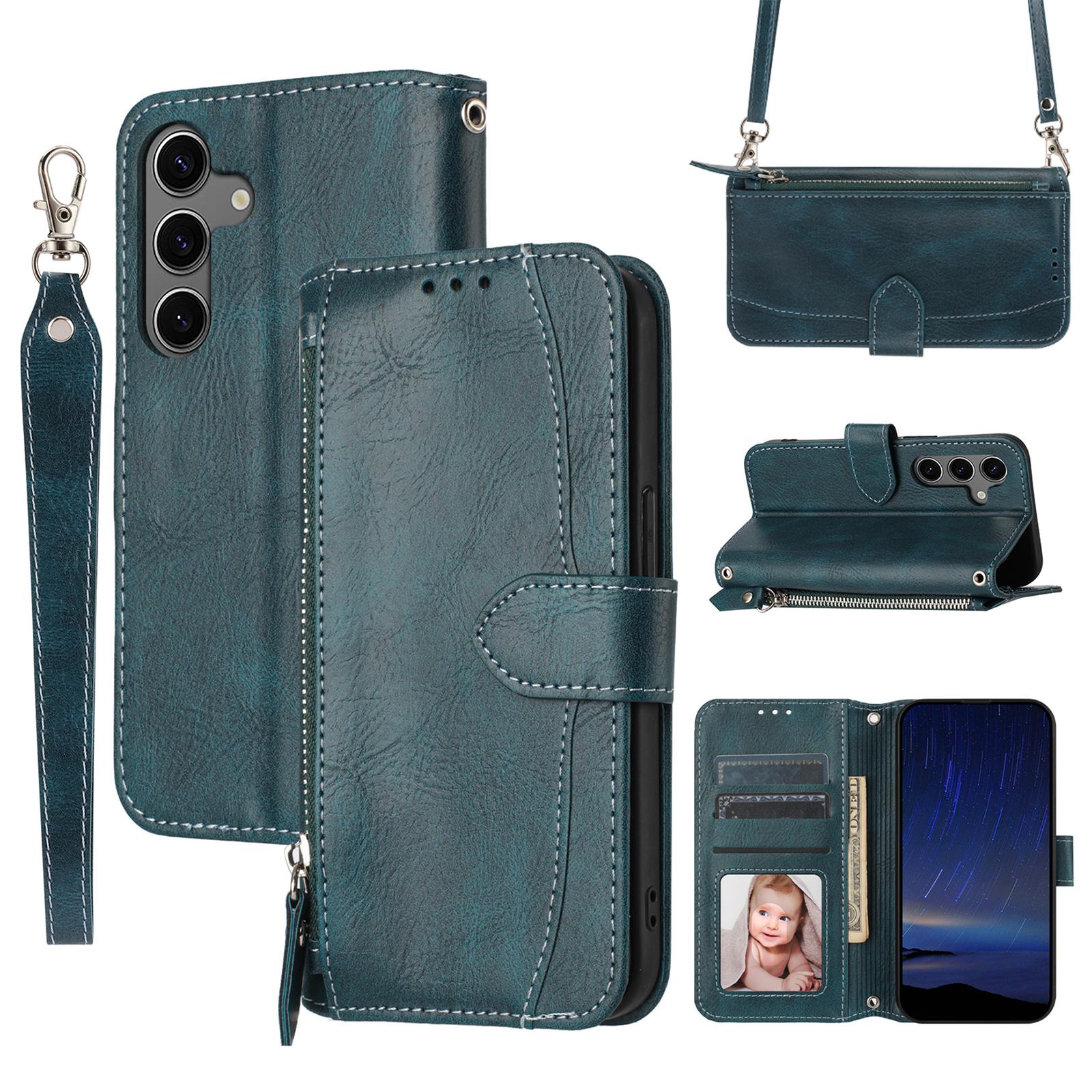 

For Samsung Galaxy S25 Case Zipper Pocket Leather Phone Cover with Crossbody Shoulder Strap D