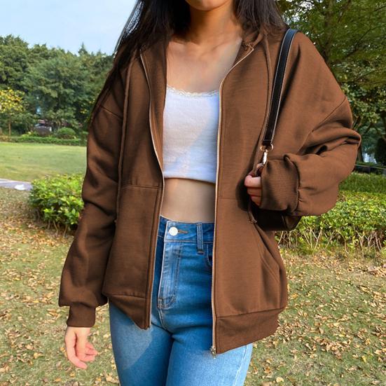 Women Hoodies Hooded Zipper Autumn Winter Thick Solid Color Drawtring Sweatshirt Coat for Daily Wear