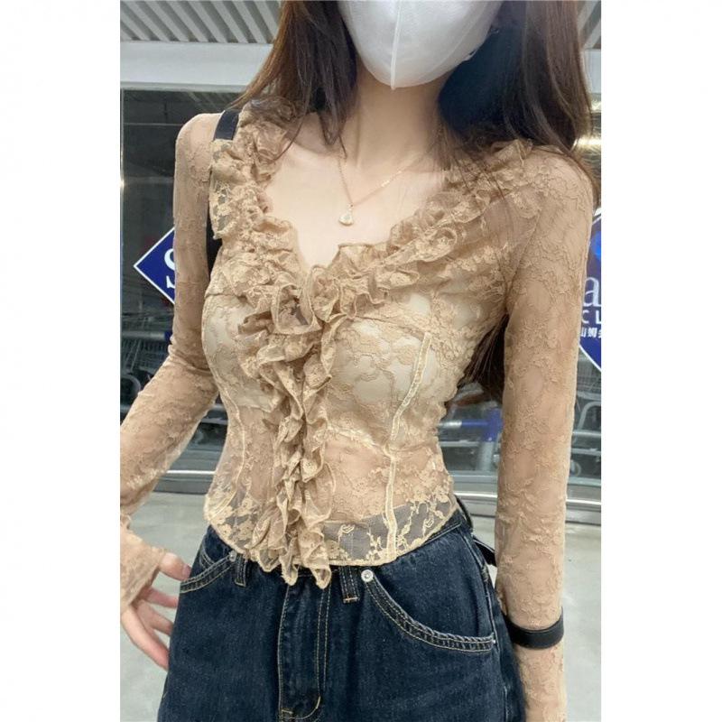 Chic French Ruffled Lace V-Neck Long-Sleeve Top - Slim Fit 2025 Spring/Summer